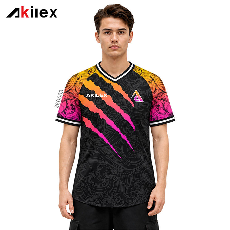Model facing forward in a black shirt with yellow and pink jagged stripes, swirling patterns and chest markings.