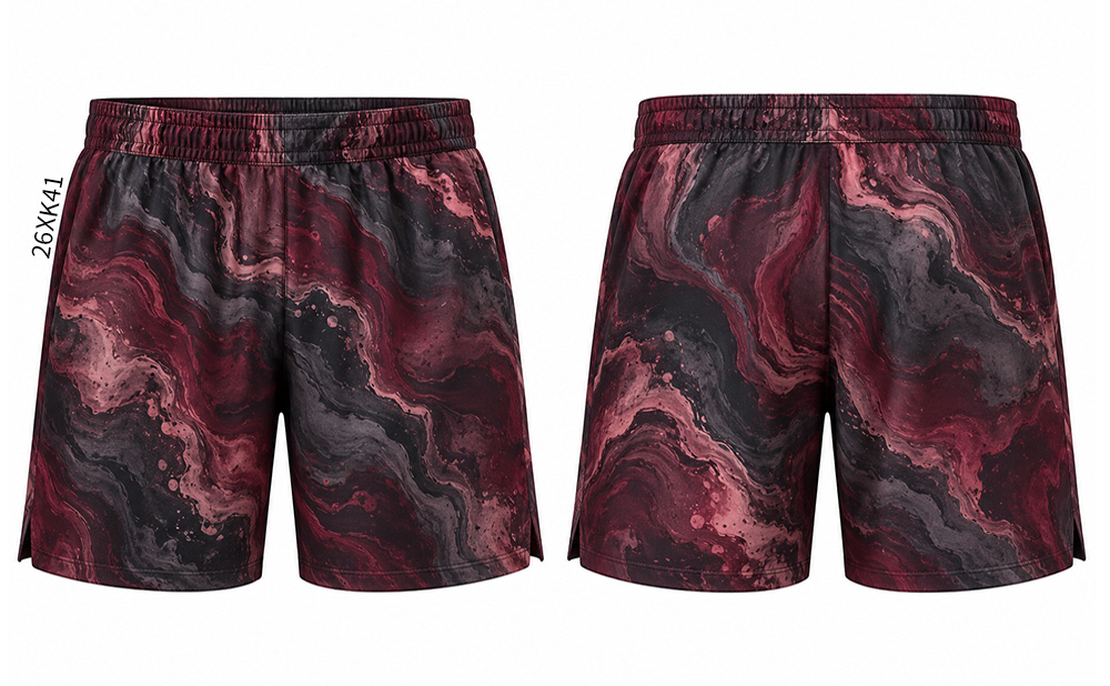 Two views of black shorts with burgundy and pink marbled swirls and a gathered waistband.