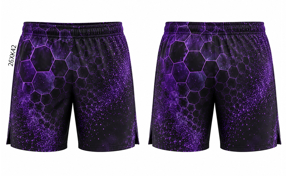 Two views of black shorts with purple hexagonal patterns, scattered dots and a gathered waistband.