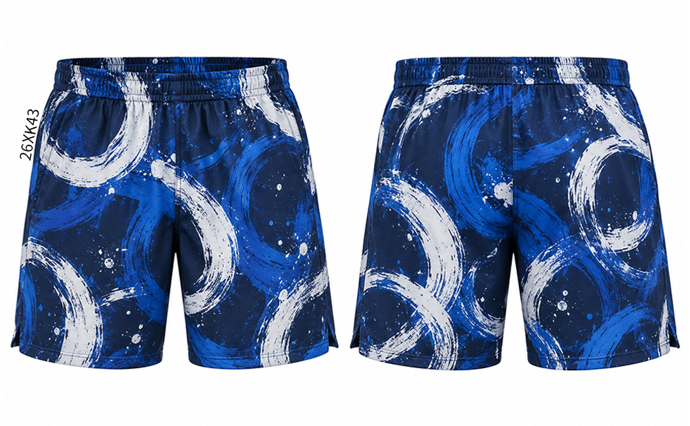Two views of navy shorts with blue and white circular brushstroke patterns and a gathered waistband.