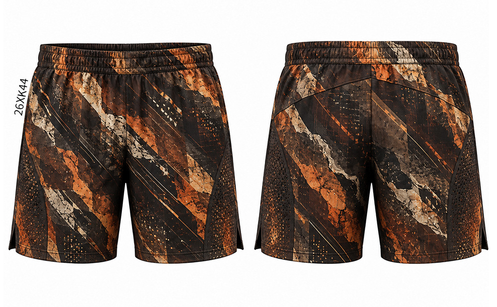 Two views of black shorts with orange and beige diagonal streaks, dotted patterns and a gathered waistband.