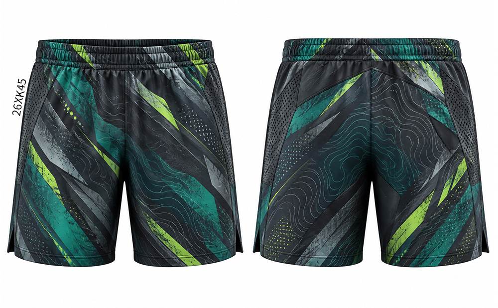 Two views of black shorts with teal and lime angular stripes and curved line patterns.