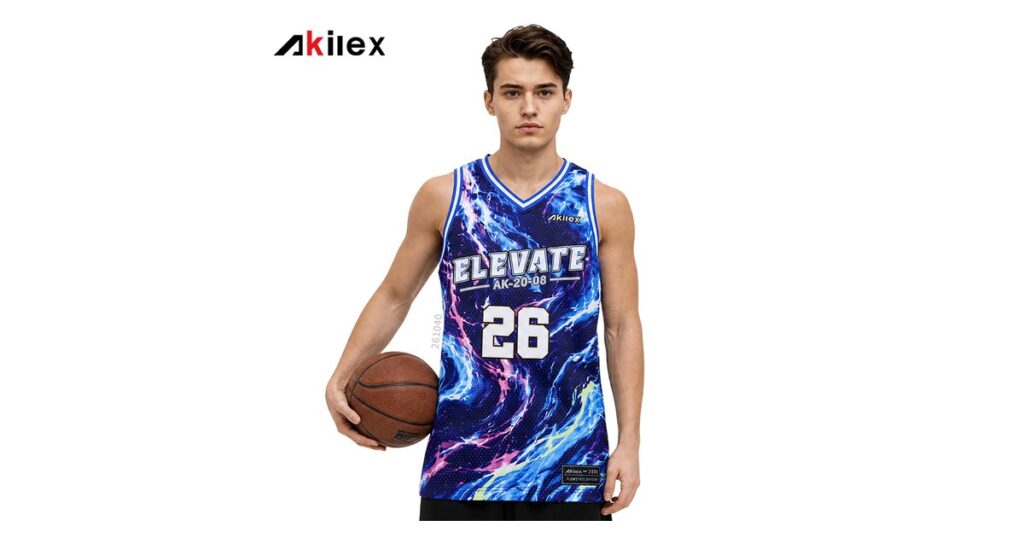 Akilex custom sublimated basketball jersey with galaxy print, number 26 and team name on the chest