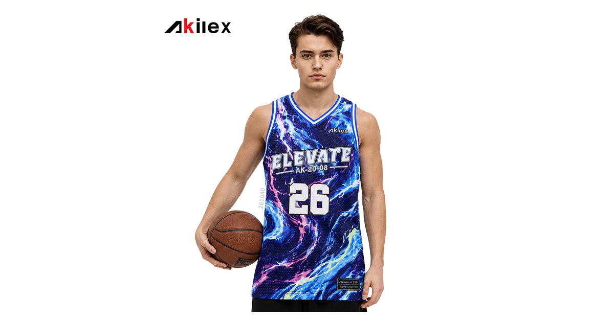 Akilex custom sublimated basketball jersey with galaxy print, number 26 and team name on the chest