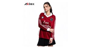 Akilex retro long-sleeve polo football shirt in dark red with white collar and sleeve stripes